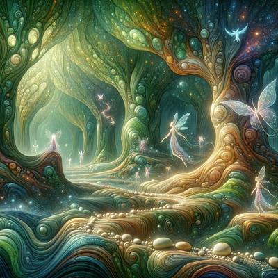 The primary subject of the image is a group of fairies in a forest setting. They are surrounded by a variety of trees and plants, creating a lush and vibrant atmosphere. The visual style of the image is a combination of digital art and illustration, giving it a unique and whimsical appearance. The colors and mood of the image are predominantly green and earthy, reflecting the natural environment of the forest.